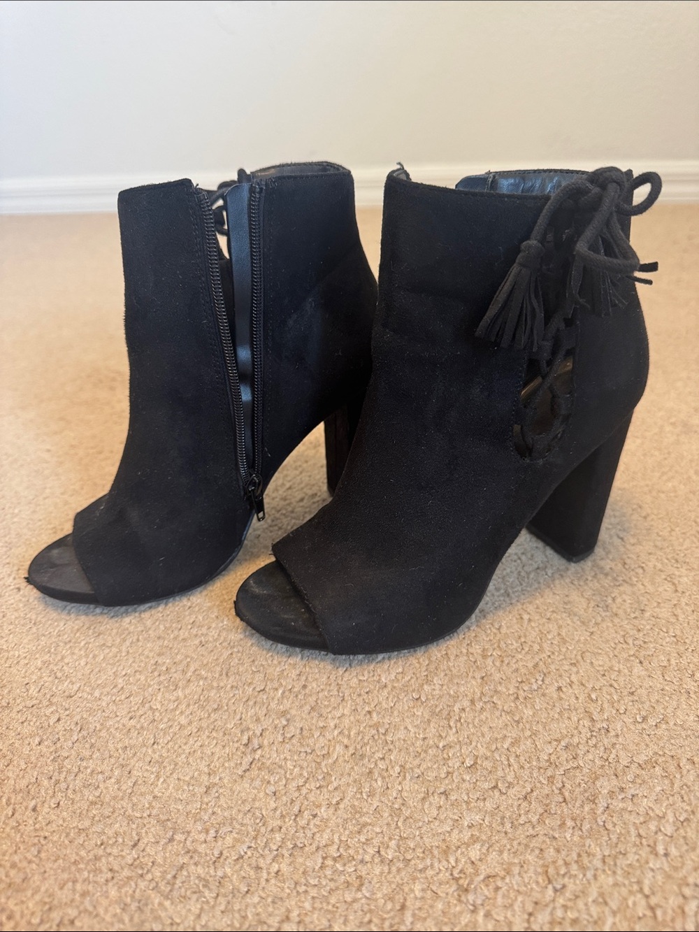 Altar'd State Black Suede Peep-Toe Block Heel Ankle Boots with Tassel